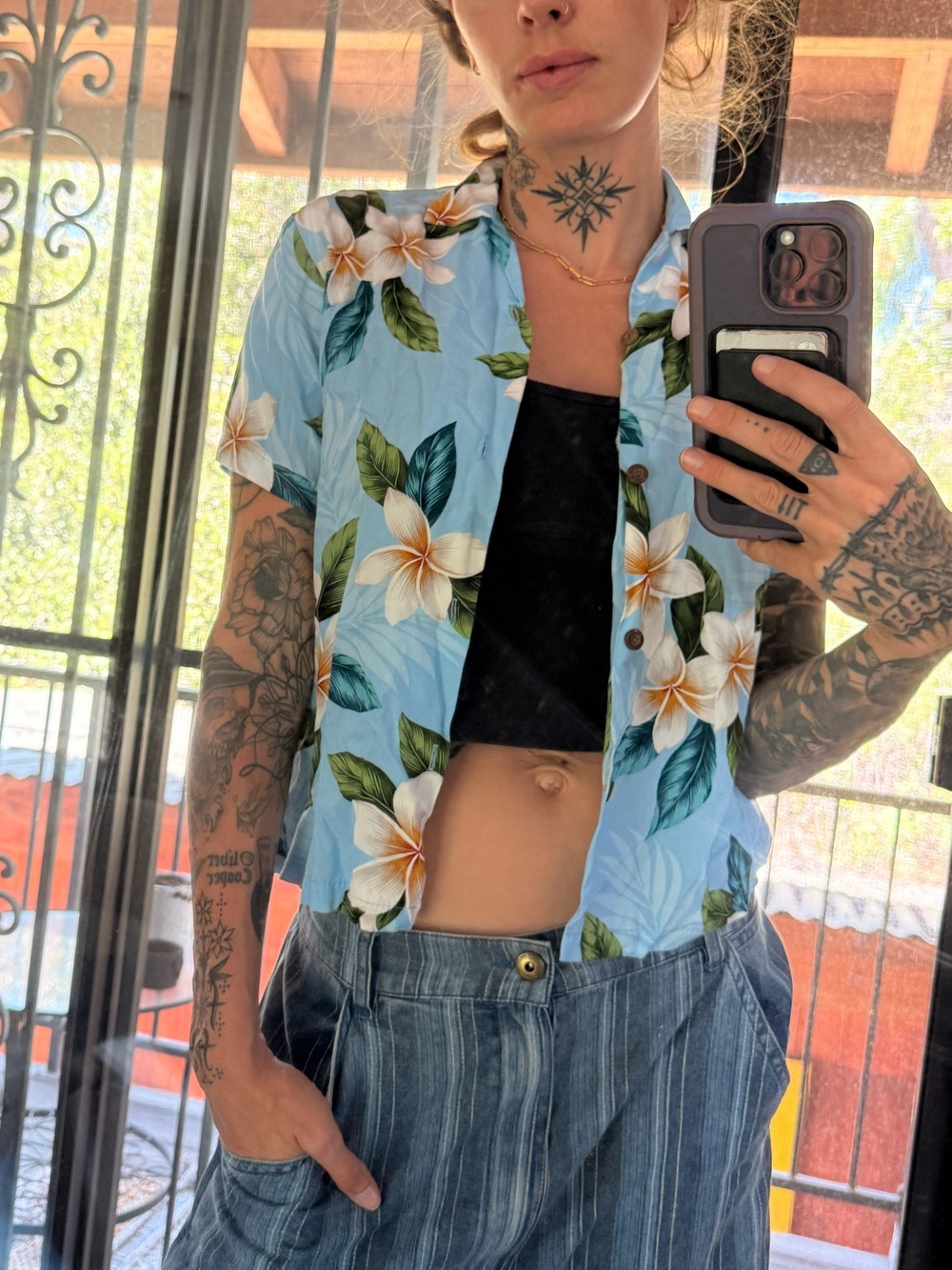 Hawaiian aloha plumeria button down tee shirt